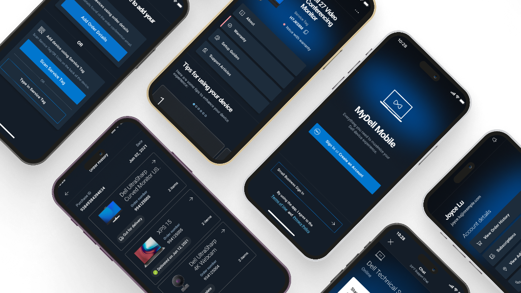 My Dell Mobile app screens on multiple phones