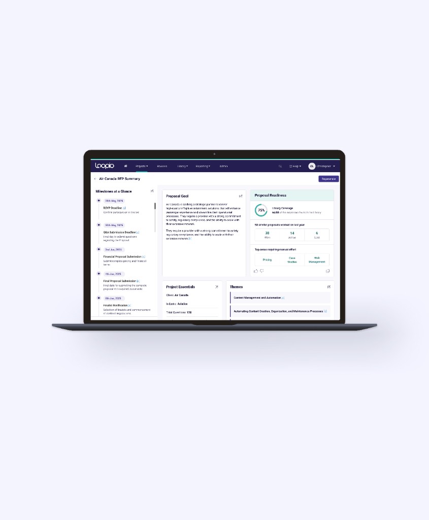 Loopio Proposal Summary interface shown on a laptop