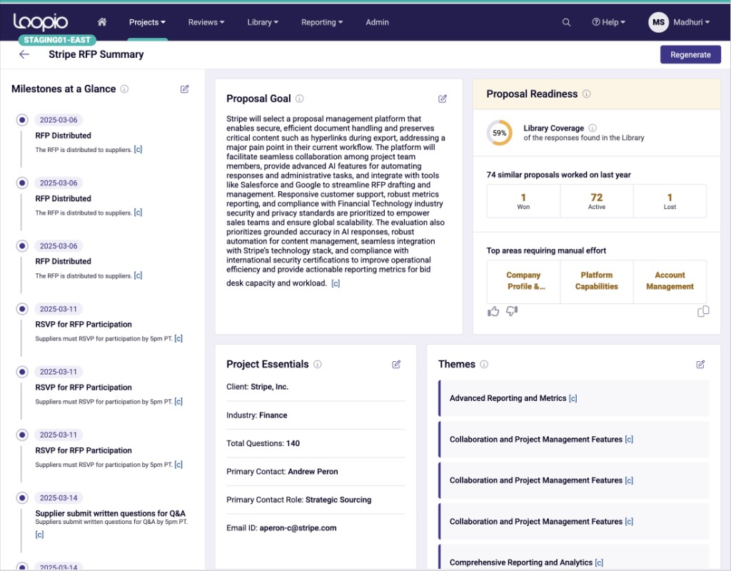 Production Proposal Summary dashboard in Loopio showing the proposal goal, proposal readiness, milestones at a glance, project essentials and themes.