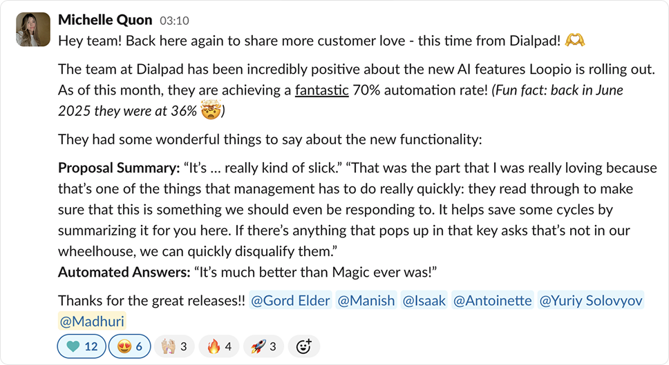 Slack message from Michelle Quon about Dialpad reaching a 70% automation rate with Loopio AI features