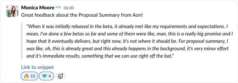 Slack message from Monica Moore sharing Aon feedback on the Proposal Summary