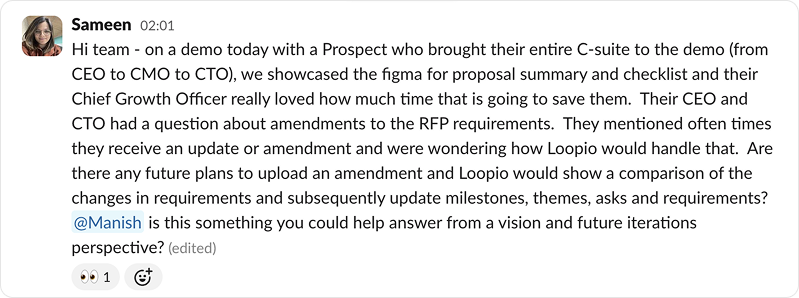 Slack message from Sameen about a prospect demo of the Proposal Summary and Checklist Figma