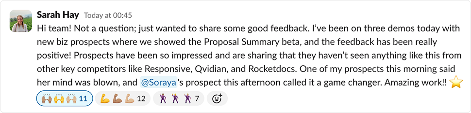 Slack message from Sarah Hay sharing positive prospect feedback on the Proposal Summary beta
